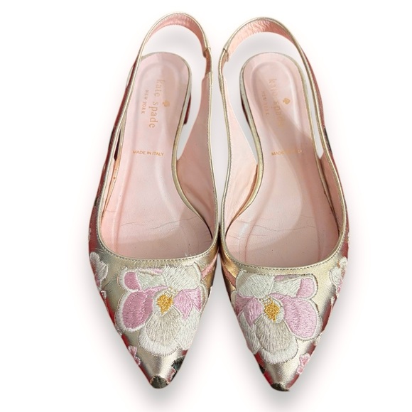 KATE SPADE Barnie Gold Leather Floral Embroidered Slingback Flats - Picture 7 of 7